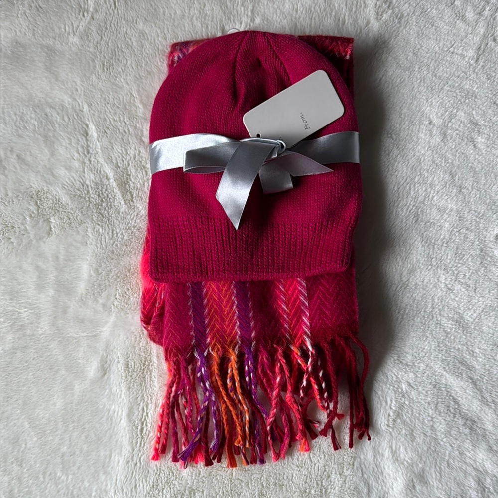 Pink Herringbone Knit Scarf and Hat Set